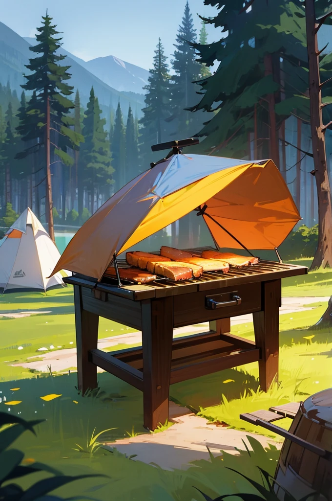 camping，forest，Small tent，gourmet food，Vision，4K，Someone is doing barbecue in the foreground，beautiful girl，Barbecue grill