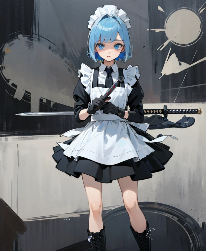 (masterpiece), ((Highest quality)), (Very detailed), (Beautiful eyes Beautiful details Eyes, Clean and delicate face), alone, Severe, Sword Drawing Technique, Blue Bob Hair, (blue eyes, Maid Fashion, White collar, mini skirt), thigh, Black gloves, Black Army Boots