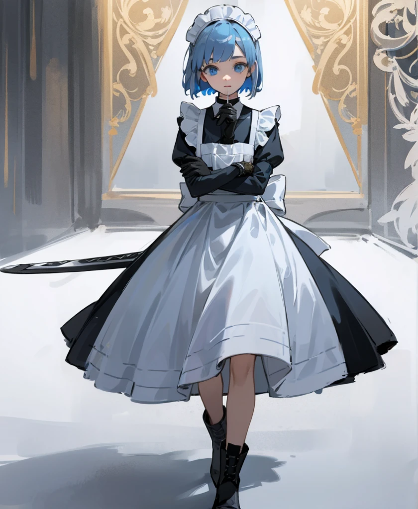 (masterpiece), ((Highest quality)), (Very detailed), (Beautiful eyes Beautiful details Eyes, Clean and delicate face), alone, Severe, Sword Drawing Technique, Blue Bob Hair, (blue eyes, Maid Fashion, White collar, mini skirt), thigh, Black gloves, Black Army Boots