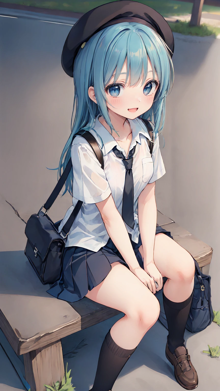 (masterpiece, highest quality), High resolution, Detailed_face:1.2, (anime_style:1.2), Sharpness, 4K, BREAK 1girl, A woman taking a photo, happy smile, Panic face, upset, Open your mouth, Long Hair, Green Hair, Straight hair, Fine skin, Beautiful Hands, Beautiful fingers, Wearing a beret, tie, Short sleeve blouse, Pleated skirt, school bag, Thighs, Absolute area, Knee socks, hand between legs, Hot summer day, School, Schoolyard, Sitting on a bench, drink Canned juice, Natural light, Sharp focus, Hasselblad Photography, Cinema Lighting, whole body, 