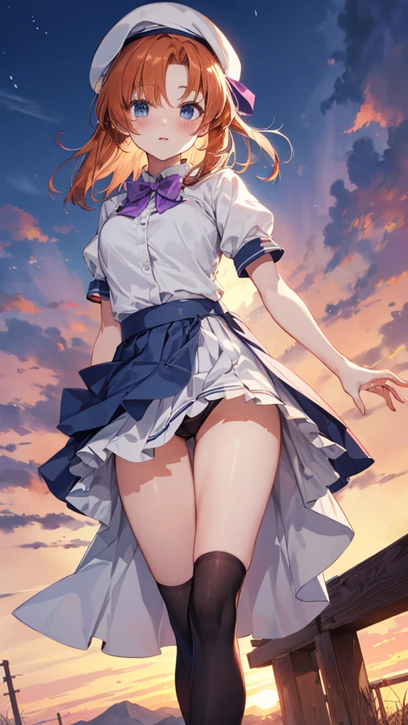 Twilight,Orange sun,Rena Ryuuguu, Orange Hair, short hair, blue eyes,Mountain of bulky trash,
(White Beret), bow, bowtie,(White Dress:1.2),White Skirt,Have, puffy Short sleeve, Puffy sleeves, purple bow, purple bowtie, Short sleeve, Black knee socks, zettai ryouiki,blush,(From below:1.3),(Big skirt flip:1.5), ((Grab the skirt:1.3)), (Skirt tHave rolls up:1.3),stand,(Leg spread:1.3),No underwear,masterpiece,Noise Reduction,Perfect Anatomy,High resolution, Super detailed,Game CG,Beautiful attention to detail,Visual Arts,Five Fingers, Perfect hands, Perfect lighting,