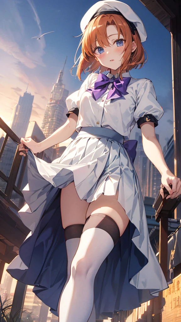 Twilight,Orange sun,Rena Ryuuguu, Orange Hair, short hair, blue eyes,Mountain of bulky trash,
(White Beret), bow, bowtie,(White Dress:1.2),White Skirt,Have, puffy Short sleeve, Puffy sleeves, purple bow, purple bowtie, Short sleeve, Black knee socks, zettai ryouiki,blush,(From below:1.3),(Big skirt flip:1.5), ((Grab the skirt:1.3)), (Skirt tHave rolls up:1.3),stand,(Leg spread:1.3),No underwear,masterpiece,Noise Reduction,Perfect Anatomy,High resolution, Super detailed,Game CG,Beautiful attention to detail,Visual Arts,Five Fingers, Perfect hands, Perfect lighting,