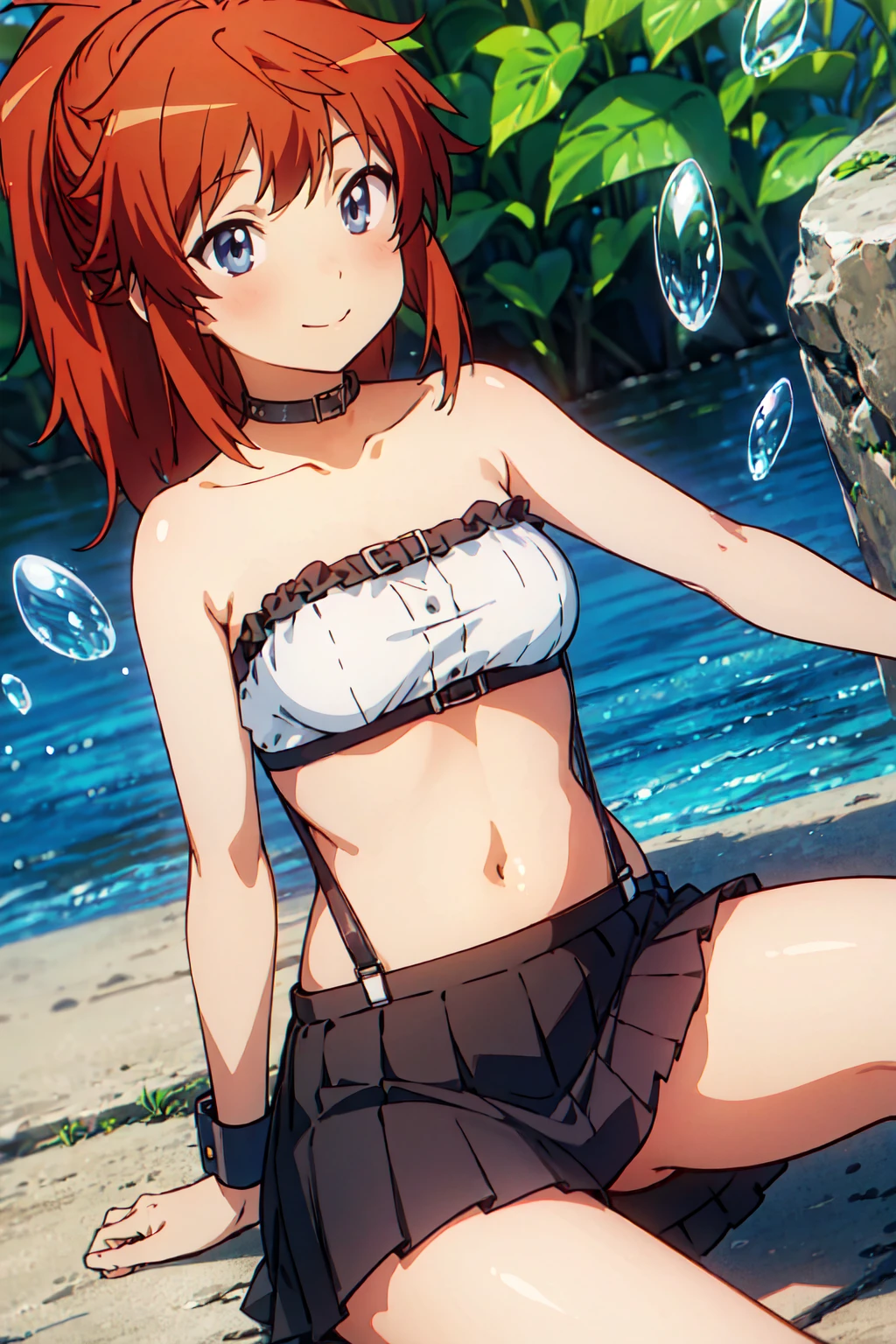 (highly detailed CG illustration), (masterpiece), (best quality), (ultra detailed), (illustration), (1female), Fashion model, (detailed background), (ultra detailed body), (beautiful detailed body), (highly detailed body), beautiful detailed eyes, delicate beautiful face, Floating,(high saturation),(colorful splashes),colorful bubble,(shining), focus on face, floating flowers, floating hairs, (shining), best lighting, best shadow, 1female solo, solo, full body, (highly detailed CG illustration), blue_eyes, blush, brown_hair, bangs, closed_mouth, ponytail, ribbon, hair_ribbon, red_hair, koshigaya_natsumi_nonnonbiyori, very seductive pose, very cute smile, (small breasts anime girl), 1girl, arm up, armpits, bare arms, bare shoulders, black skirt, brown hair, breasts, choker, clothes between thighs, collarbone, crop top, frilled skirt, frills, looking at viewer, midriff, miniskirt, navel, pantyhose, pleated skirt, sitting, skirt, small breasts, smile, solo, stomach, strapless, suspender skirt, suspenders, wrist cuffs
