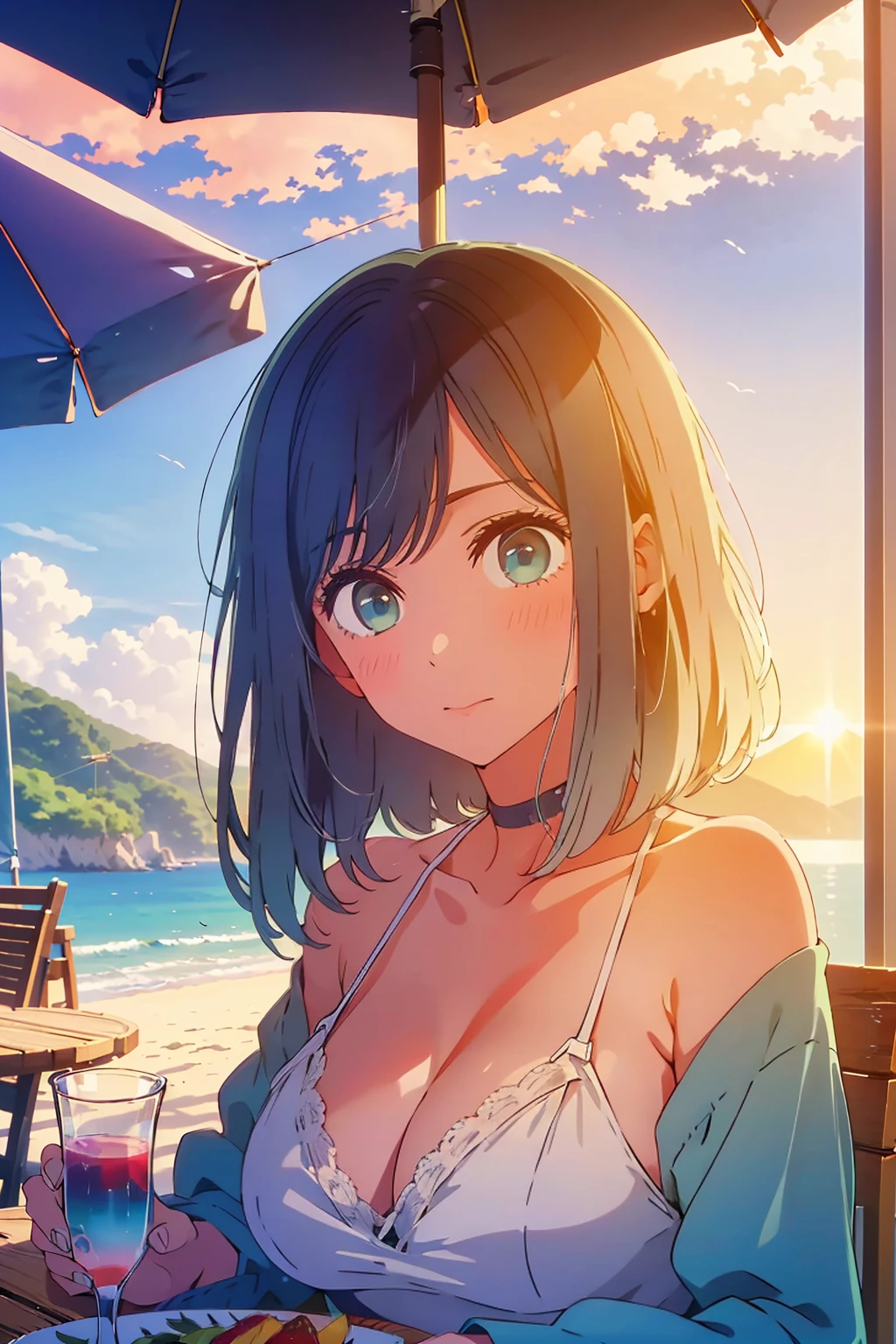 (Highest quality:1.4、masterpiece:1.4、Super detailed:1.4、8K:1.4)、Slim body、((((1 person、Surprised expression、sit、Outdoor café terrace、coastal、juice、table、Sandy Beach、bikini、juiceのグラスを持つ、Big eyes、Shallow depth of field、Very cute face))))、(sunset、Sunset)、bikiniサイズは小さい、F cup bust、Big Breasts、Get up close and take a photo