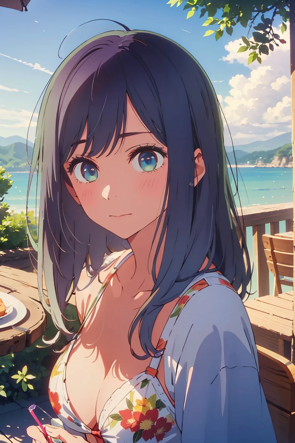 (Highest quality:1.4、masterpiece:1.4、Super detailed:1.4、8K:1.4)、Slim body、((((1 person、Surprised expression、sit、Outdoor café terrace、coastal、juice、table、Sandy Beach、bikini、juiceのグラスを持つ、Big eyes、Shallow depth of field、Very cute face))))、(sunset、Sunset)、bikiniサイズは小さい、F cup bust、Big Breasts、Get up close and take a photo