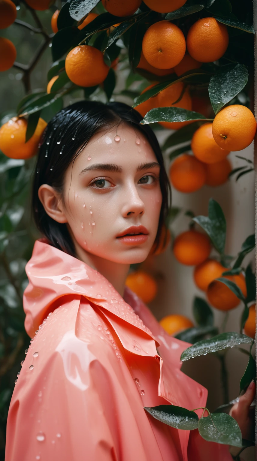 arafed woman in pink raincoat standing in front of orange tree, monia merlo, raining portrait, covered in water drops, inspired by Elsa Bleda, inspired by Yanjun Cheng, by irakli nadar, by Eizan Kikukawa, rain drops on face, raining, in style of petra collins, photography alexey gurylev, soaked