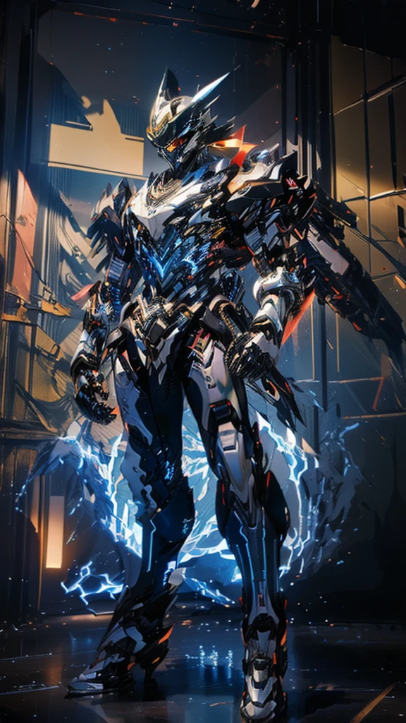 (Masterpiece, best quality:1.4), colorful, high contrast, Genos white shirt, Sleeveless, black pants, mechanical arm, glow, glow eyes, glow hand, stand, fighting posture