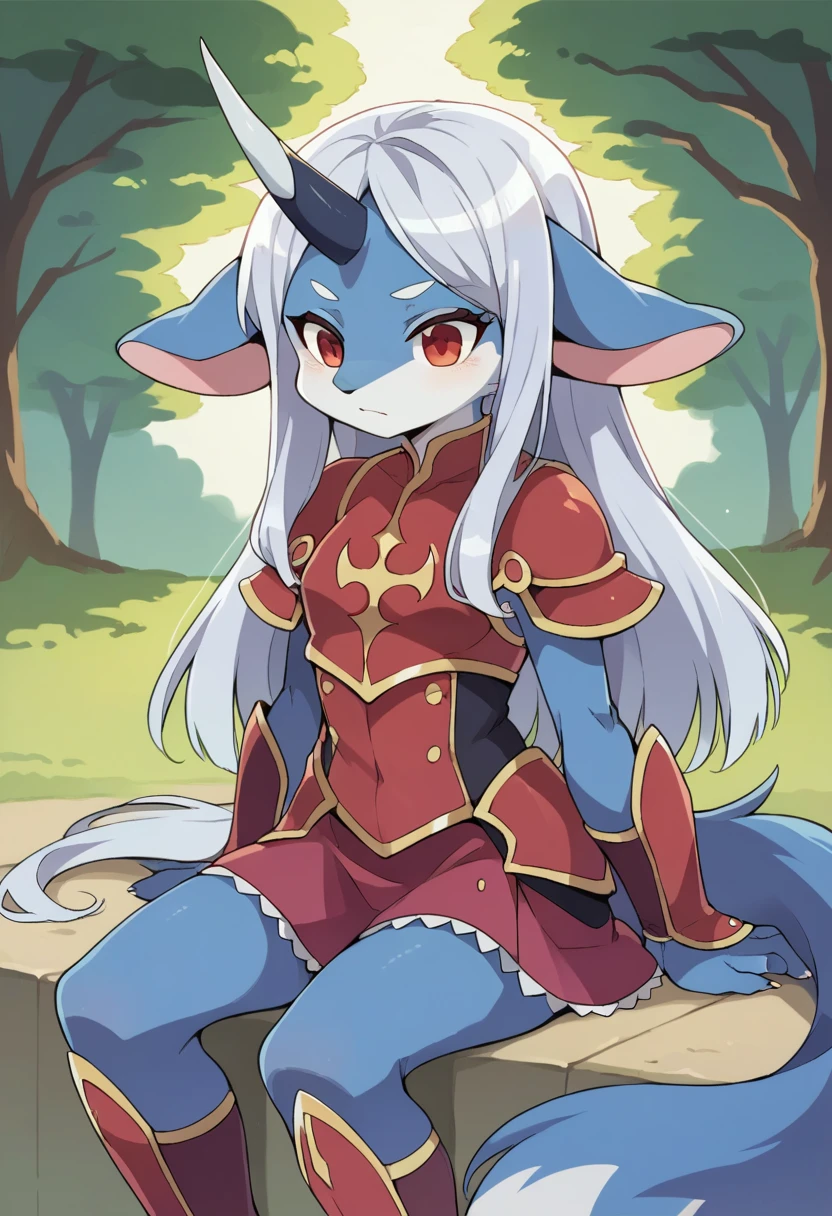 ((masterpiece)), (Highest quality))), 1人のgirl,(Big animal ears,White and blue fur,), whole body, Silver Hair, Eyes Hair, Beautiful red eyes,One horn on the forehead, Princess Cut, Short skirt,Shyness, woman, girl,Sitting,Black and red armor dress, furry girl,アルミサージのgirl, (simple 戻るground, white 戻るground: 1.3) ( masterpiece:1.2), (Highest quality:1.3),Possession of a sword,Have a conversation,Deserted park,Character portrait,whole body絵