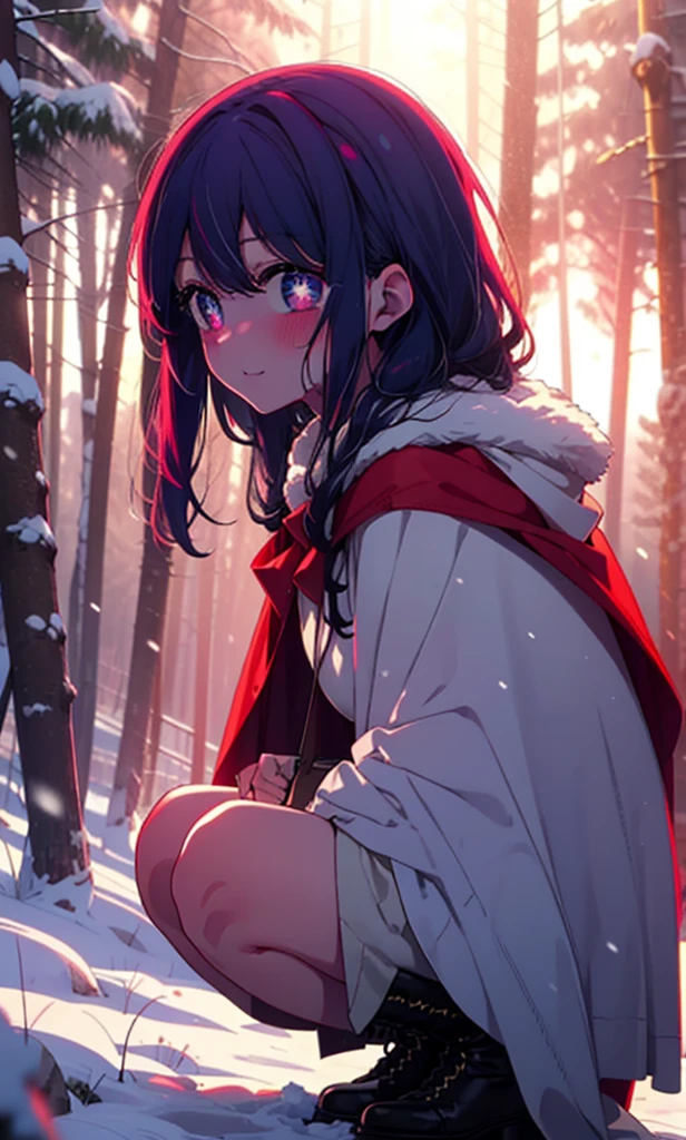 aihoshino, Ai Hoshino, Long Hair, bangs, (Purple eyes:1.1), Purple Hair, (Symbol-shaped pupil:1.5), smile,,smile,blush,White Breath,
Open your mouth,snow,Ground bonfire, Outdoor, boots, snowing, From the side, wood, suitcase, Cape, Blurred, , forest, White handbag, nature,  Squat, Mouth closed, Cape, winter, Written boundary depth, Black shoes, red Cape break looking at viewer, Upper Body, whole body, break Outdoor, forest, nature, break (masterpiece:1.2), Highest quality, High resolution, unity 8k wallpaper, (shape:0.8), (Beautiful and beautiful eyes:1.6), Highly detailed face, Perfect lighting, Extremely detailed CG, (Perfect hands, Perfect Anatomy),