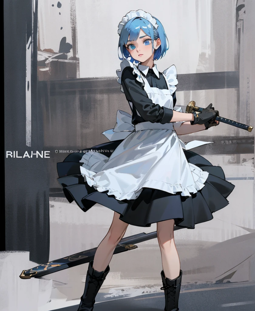 (masterpiece), ((Highest quality)), (Very detailed), (Beautiful eyes Beautiful details Eyes, Clean and delicate face), alone, Severe, Sword Drawing Technique, Blue Bob Hair, (blue eyes, Maid Fashion, White collar, mini skirt), thigh, Black gloves, Black Army Boots
