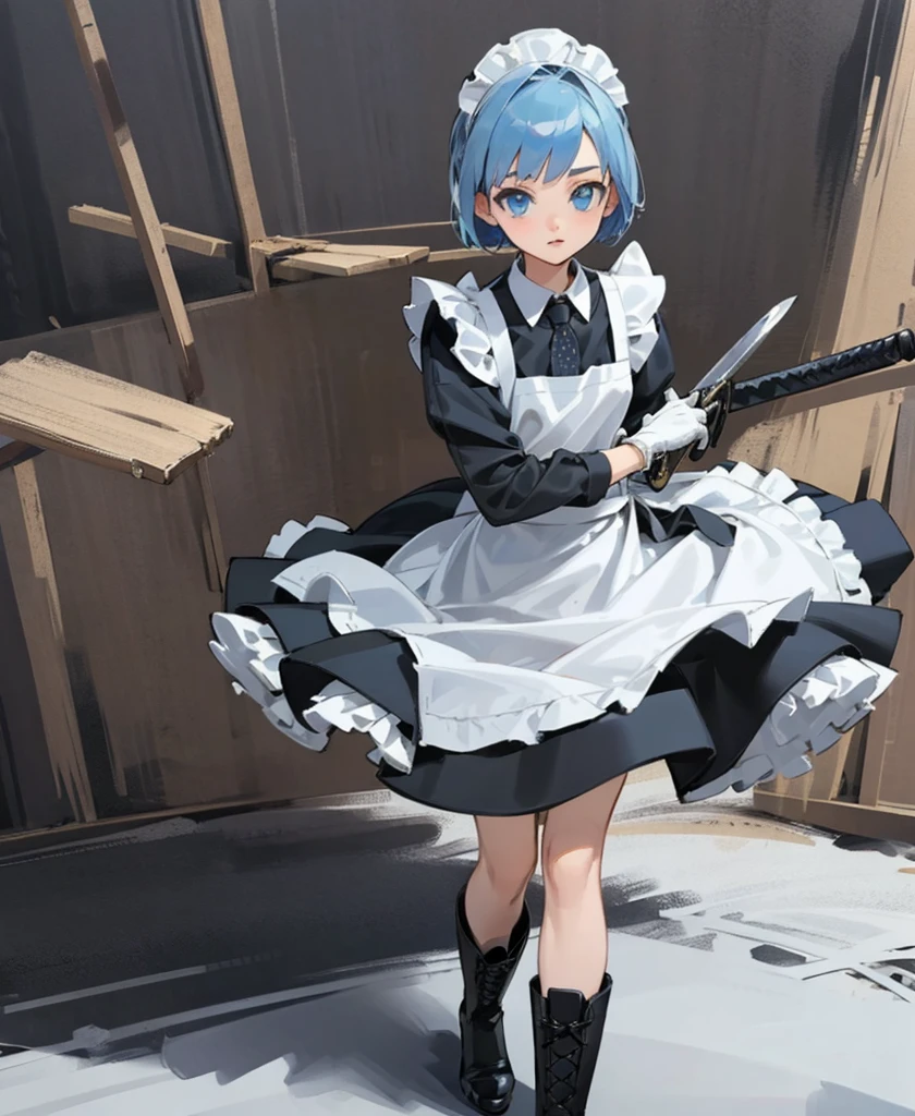 (masterpiece), ((Highest quality)), (Very detailed), (Beautiful eyes Beautiful details Eyes, Clean and delicate face), alone, Severe, Sword Drawing Technique, Blue Bob Hair, (blue eyes, Maid Fashion, White collar, mini skirt), thigh, Black gloves, Black Army Boots