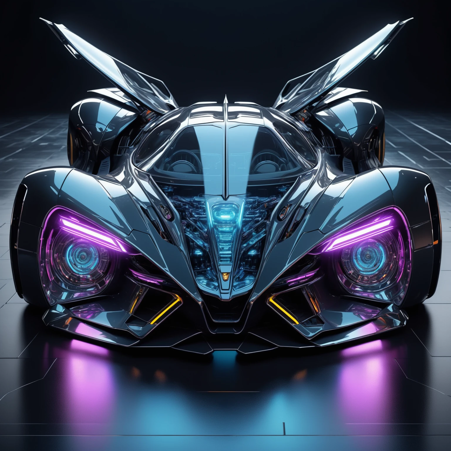 futuristic car, Cyberpunk Machine, Futuristic chrome car, cool car design in the style of the Batmobile, Sci-fi car, 3D rendering with 8K octane, Futuristic car shot, futuristic car concept, futuristic art style, Concept art with high detail of 8 thousand.,projection on a supercomputer, 5D model, transparent concept car, high-tech car with spectacular headlights, like the eyes of a beast, luxury sports car, dim lighting, Colors : #070e1c, #7dc0d5, #7dcad9, #cbf0f6, #1a334c, #986260, #a268ac,# f2f0fa, #833f68, #c7d2d7 on a black background, reflection on glass floor, super detailed details, masterpiece, ArtStation, снято на Phase ONE XF IQ4