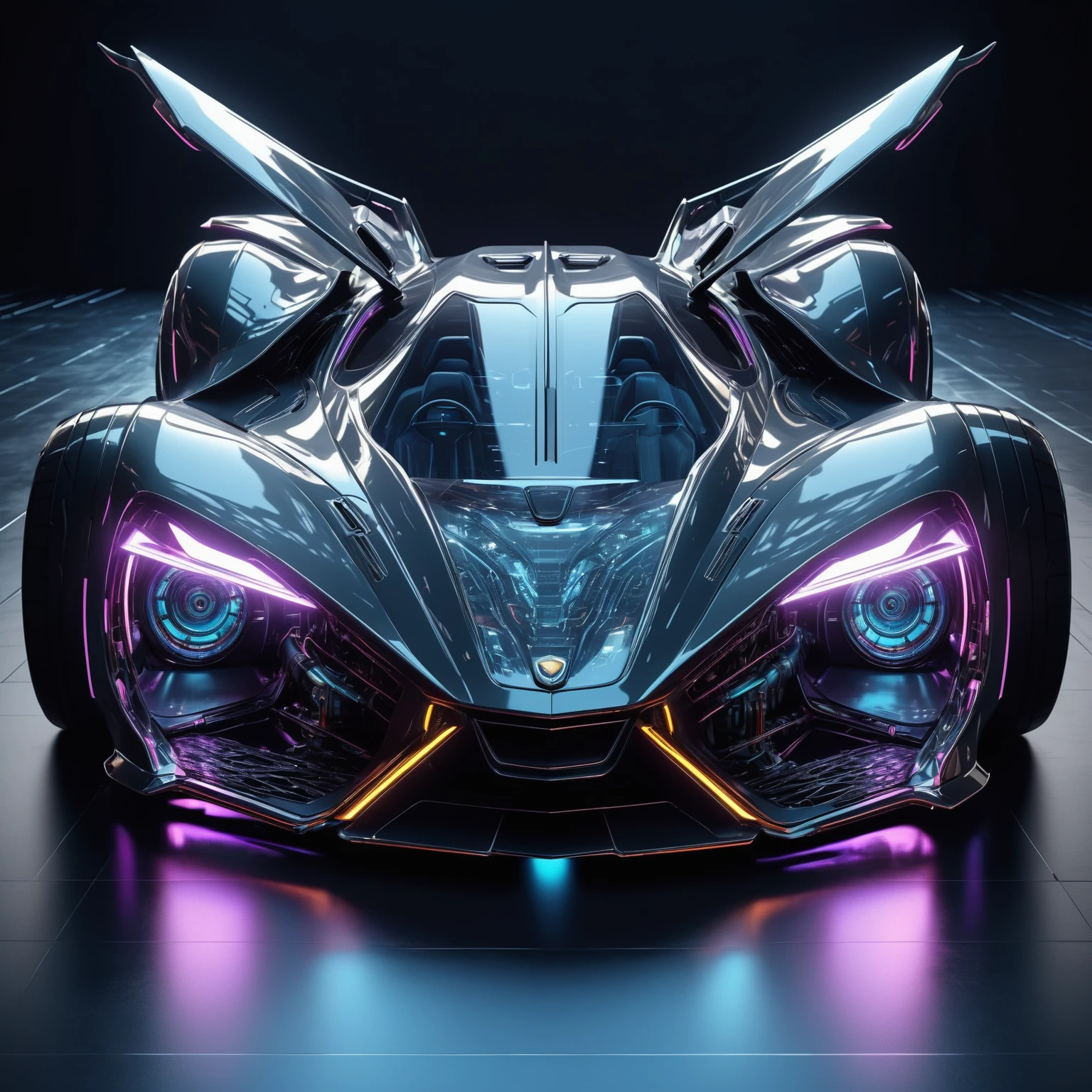 futuristic car, Cyberpunk Machine, Futuristic chrome car, cool car design in the style of the Batmobile, Sci-fi car, 3D rendering with 8K octane, Futuristic car shot, futuristic car concept, futuristic art style, Concept art with high detail of 8 thousand.,projection on a supercomputer, 5D model, transparent concept car, high-tech car with spectacular headlights, like the eyes of a beast, luxury sports car, dim lighting, Colors : #070e1c, #7dc0d5, #7dcad9, #cbf0f6, #1a334c, #986260, #a268ac,# f2f0fa, #833f68, #c7d2d7 on a black background, reflection on glass floor, super detailed details, masterpiece, ArtStation, снято на Phase ONE XF IQ4