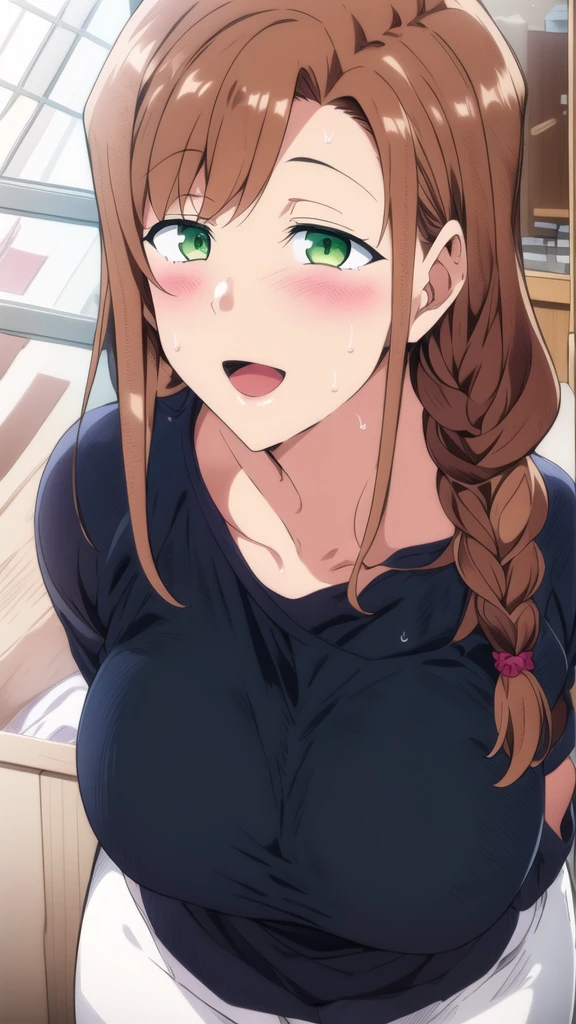 1girl, breasts, green eyes, brown hair, scrunchie, portraid, , face focus, large breasts, solo, braid, open mouth, black shirt,white pants, blush, long hair, collarbone, smile, shirt, pants, looking at viewer, indoors, hair over shoulder, single braid, mature female, long sleeves, sweat, night, braided ponytail, breath, heavy breathing, window, :d, arms behind back, leaning forward, standing,