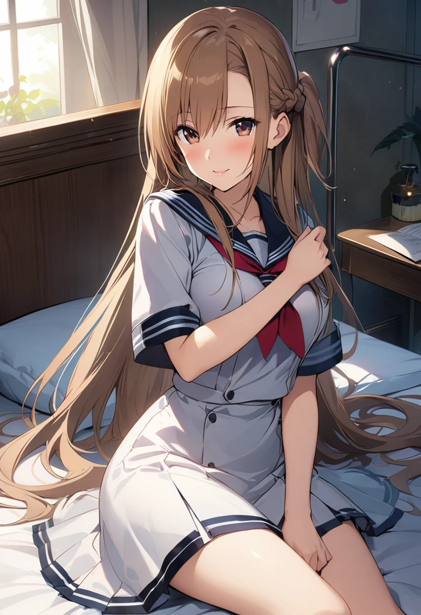 Highest quality、Super detailed、High resolution illustrations、Ultra-high-definition CG、8k size wallpaper、Production Art、Light novel illustrations、asuna yuuki, long hair, bangs, brown hair, brown eyes, very long hair, braid, Black winter sailor uniform、Lying on the bed in the nurse's office