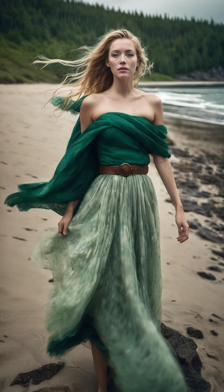 best quality masterpiece award winning photo upper body woman freckled face windblown blonde hair emerald eyes modern strapless dress by Jeremy Lipking by Antonio J. Manzanedo by Lee Jeffries Nikon D850 film Photo bank 4 cameras kodak portra 400 f1 lens.6 rich colors, realistic texture, Hyper-realistic dramatic lighting, unreal mechanism, tendência no artstation cinestill 800, Fish-eye lens, kilt style, windy beach, Scottish lake, forst