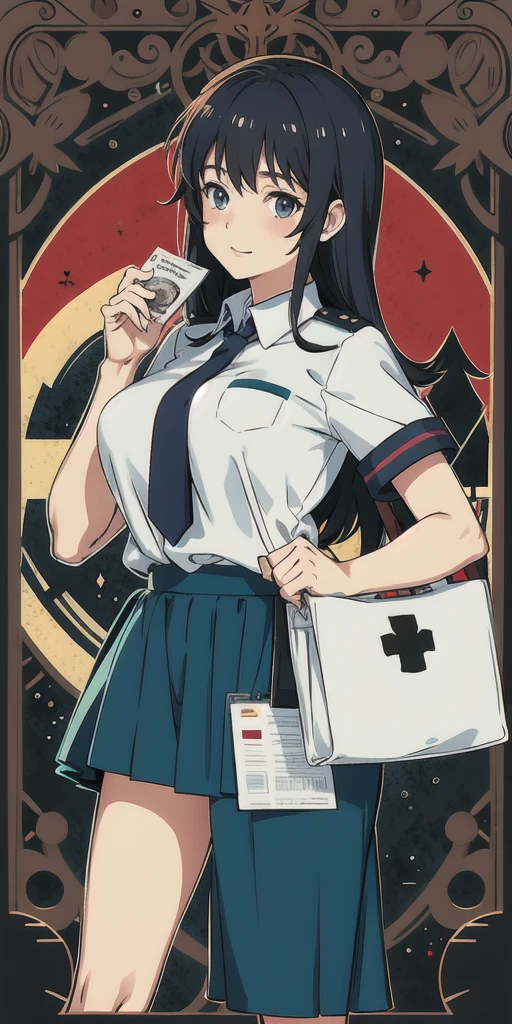 ager in MacDonald uniform working as a cashier at a MacDonald, with huge tits, anime style