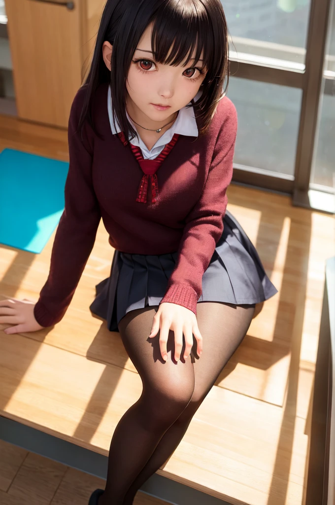 masterpiece, best quality, ultra-detailed, illustration, colorful, falt color, depth of field, lens flare,

1girl, anime, sitting, black hair, looking at viewer,school, classroom, pleated miniskirt , school uniform, serafuku, black pantyhose, detailed skin texture, detailed cloth texture, beautiful detailed face,