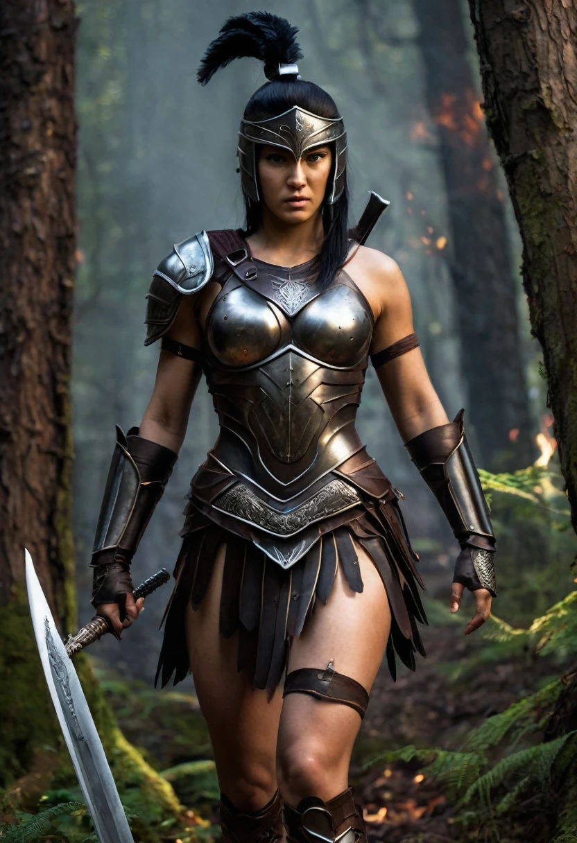 Generate a highly detailed, realistic image of a 1.9 meters tall Spartan warrior with black hair, walking confidently and determinedly through a dark forest. She wears a metal armor composed of a short shirt revealing her abdomen and a short skirt. The scene should focus on a full-body view of the warrior. She has an angry expression. The forest is dark, illuminated mainly by the flames of a tree on fire behind her. The drawing should depict her confidently striding through the forest with determination. The medium should be digital.