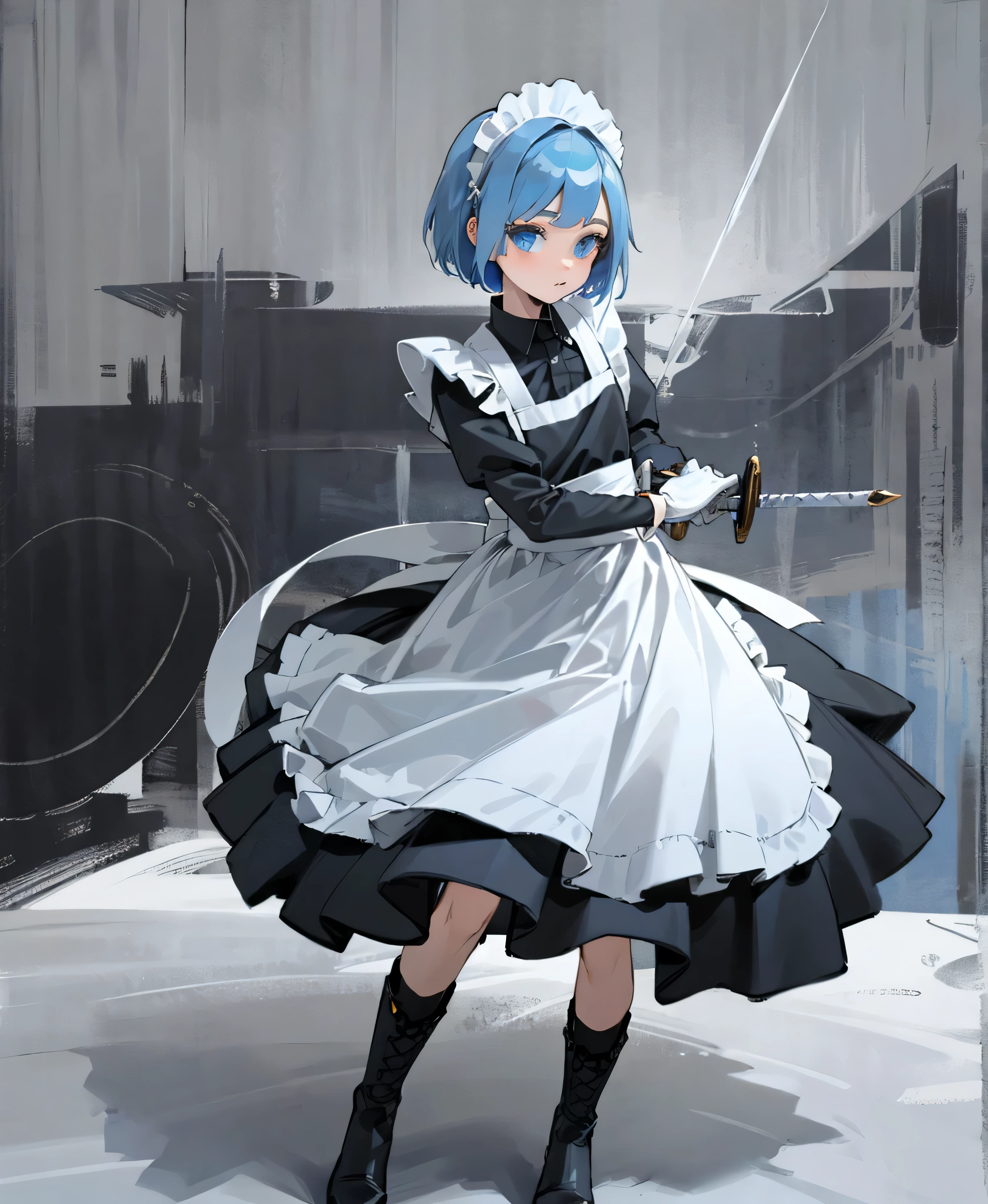 (masterpiece), ((Highest quality)), (Very detailed), (Beautiful eyes Beautiful details Eyes, Clean and delicate face), alone, Severe, Sword Drawing Technique, Blue Bob Hair, (blue eyes, Maid Fashion, White collar, mini skirt), thigh, Black gloves, Black Army Boots