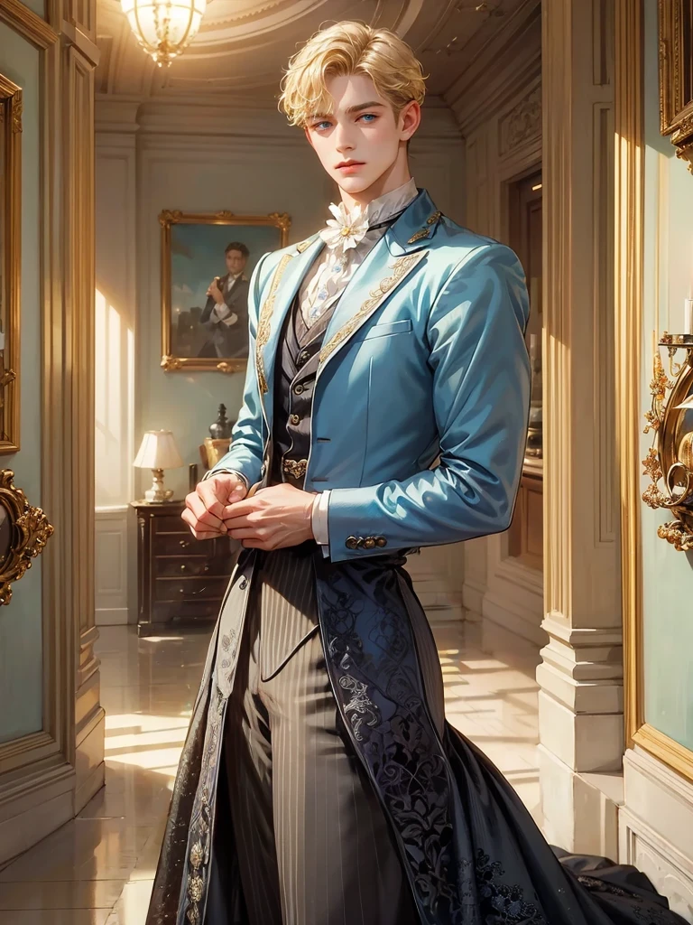 He wears a male Victorian era suit. 