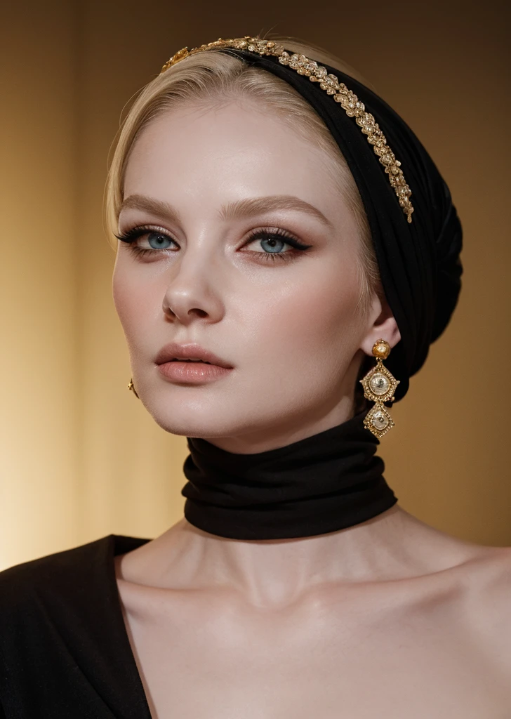 a blonde woman with a black turban and gold earrings poses for a picture, gold earring, girl with earring, girl with the  earring, girl with a gold earring, girl with earringl, monia merlo, johannes vemeer, steven meisel, with pale skin, pale woman, inspired by Johannes Vermeer, with a white complexion,black background, portrait, blur, simple background