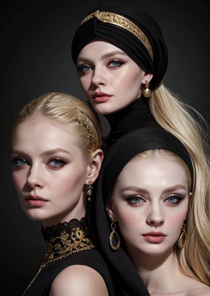 a blonde woman with a black turban and gold earrings poses for a picture, gold earring, girl with earring, girl with the  earring, girl with a gold earring, girl with earringl, monia merlo, johannes vemeer, steven meisel, with pale skin, pale woman, inspired by Johannes Vermeer, with a white complexion,black background, portrait, blur, simple background