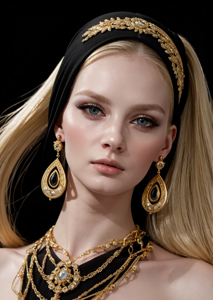 a blonde woman with a black turban and gold earrings poses for a picture, gold earring, girl with earring, girl with the  earring, girl with a gold earring, girl with earringl, monia merlo, johannes vemeer, steven meisel, with pale skin, pale woman, inspired by Johannes Vermeer, with a white complexion,black background, portrait, blur, simple background