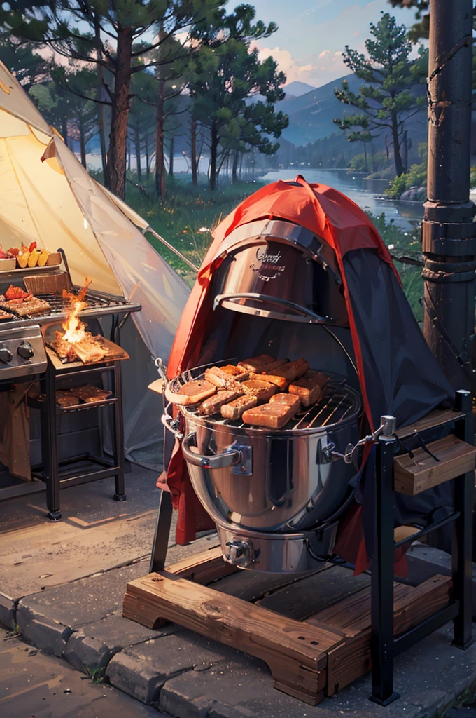 camping，tent，gourmet food，Vision，4K，Someone is doing barbecue in the foreground，beautiful girl，Barbecue grill