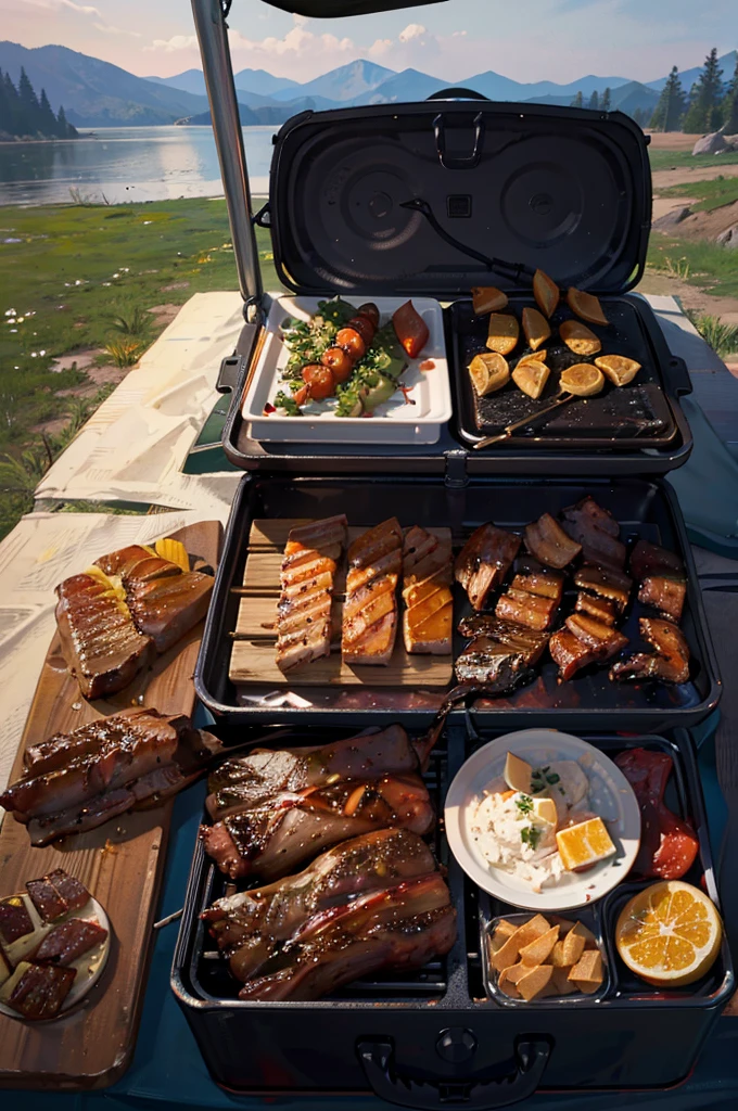 camping，tent，gourmet food，Vision，4K，Someone is doing barbecue in the foreground，beautiful girl，Barbecue grill