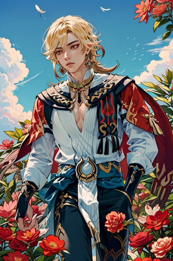 1 adult male solo, blond hair, red eyes, kaveh genshin impact, white top, red and black embroidered details, golden accessories, dark pants, fingerless gloves, feather hair ornament, shiny eyes (masterpiece),((top-quality)),(offcial art),(Beautiful and indulgent:1.2),(1manin:1.3),Detailed drawing。Vibrant colors。colourfull、highestdetailed ((ultra-detailliert)),(Highly detailed 2D illustrations),((Extremely delicate and beautiful))Super Detail,atmosphric perspective,dust particle, iridescent light, water drops on flowers and plants, light summer rain, rainbow light, glowing, surrounded by dark red lily flowers, (((walking on a flower field, many flowers around, blue sky, white clouds)))