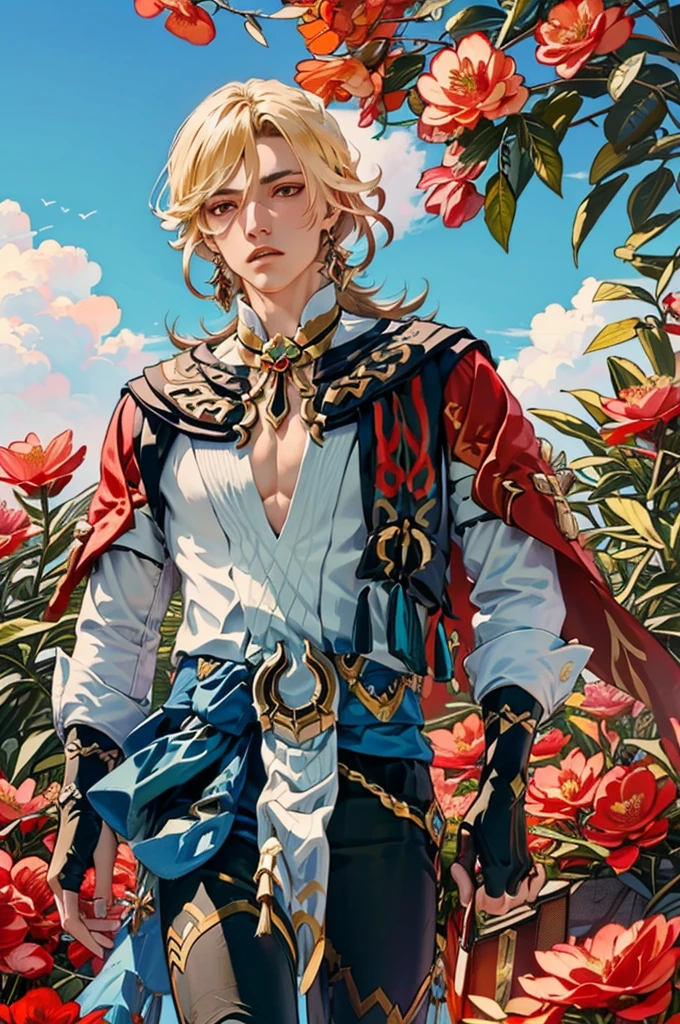 1 adult male solo, blond hair, red eyes, kaveh genshin impact, white top, red and black embroidered details, golden accessories, dark pants, fingerless gloves, feather hair ornament, shiny eyes (​masterpiece),((top-quality)),(offcial art),(Beautiful and indulgent:1.2),(1manin:1.3),Detailed drawing。Vibrant colors。colourfull、highestdetailed ((ultra-detailliert)),(Highly detailed 2D illustrations),((Extremely delicate and beautiful))Super Detail,atmosphric perspective，dust particle, iridescent light, water drops on flowers and plants, light summer rain, rainbow light, glowing, surrounded by dark red lily flowers, (((walking on a flower field, many flowers around, blue sky, white clouds)))