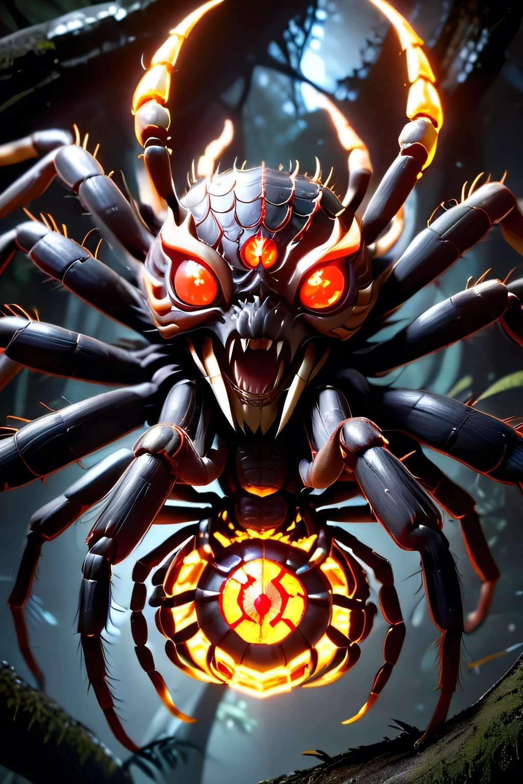 mythical forest, masterpiece, perfect face, intricate details, horror theme, raw photo, photo unp niohxl, more eyes, red glowing eyes, yokai, demon, spider details, golden glowing horns, kimetsu no yaiba, upper moon oni, human body, multiple arthropod arms, demon slayer anime style