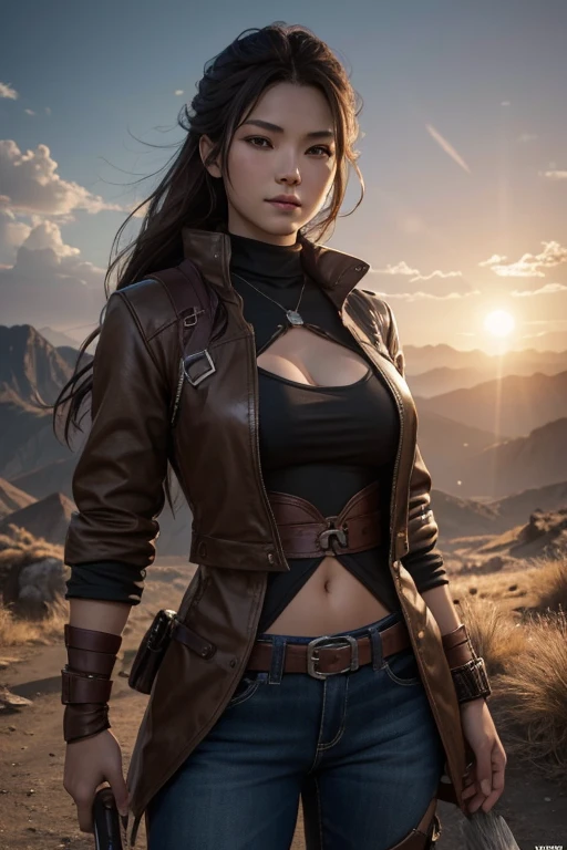 8K,adventure者の衣装,Tour of the ruins,short brown hairอ่อน,It's so beautiful.な日本の女性, Big and full breasts,Big smile,It's so beautiful.(Like the real thing.)black and red casual outfit,black jeans,sexy,deviantart artstation cgscosiety, 3Dレンダリングcharacter art8 K, Alena, Enami and Argerm, Wojtek Fuss, กำลังมาแรงใน Artstation 8K, Stay on trend with Art Station HD, adventureการเรนเดอร์ที่สมจริงเป็นพิเศษ, Perfect shape with realistic shading., Realistic perfect body, Ultra high resolution,High quality,sexy,short brown hair,Severe abdominal muscle fracture,The body is slender and muscular.,The lower body is slender and muscular.,close up,Masterpiece,最High qualityのフォトリアリスティックなRAW写真。bright colors,Various colors, backlight, movie light, Film texture, to be born, 50 mm lens, Nikon D850,realistic skin,fantasy art,character art,Wilderness,dusty road,Walk with half your face covered.,Hide your face,sharp stare,adventure,He had a long and large Japanese sword at his waist.,brown jacket,