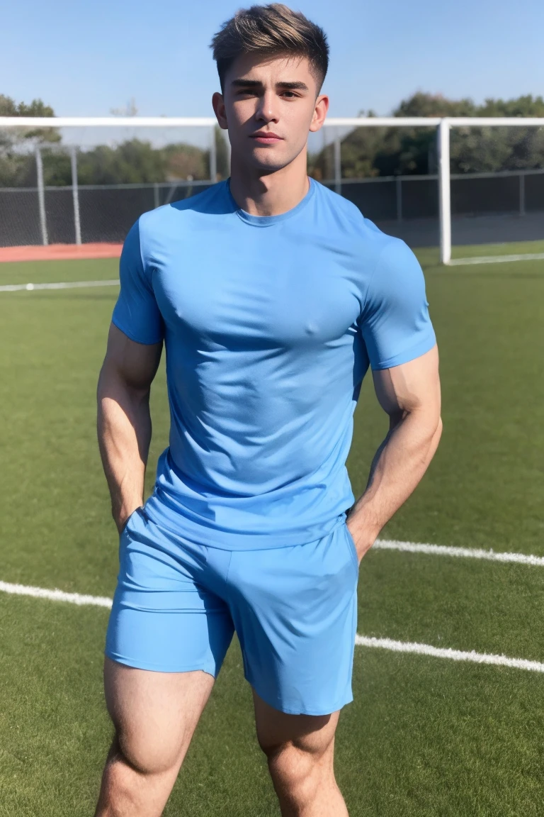 muscle handsome blonde guy 18 yo, wear transparent blue shirt, bulge shorts, standing on soccer field, akimbo
