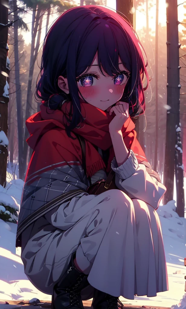 aihoshino, Ai Hoshino, Long Hair, bangs, (Purple eyes:1.1), Purple Hair, (Symbol-shaped pupil:1.5), smile,,smile,blush,White Breath,
Open your mouth,snow,Ground bonfire, Outdoor, boots, snowing, From the side, wood, suitcase, Cape, Blurred, , forest, White handbag, nature,  Squat, Mouth closed, Cape, winter, Written boundary depth, Black shoes, red Cape break looking at viewer, Upper Body, whole body, break Outdoor, forest, nature, break (masterpiece:1.2), Highest quality, High resolution, unity 8k wallpaper, (shape:0.8), (Beautiful and beautiful eyes:1.6), Highly detailed face, Perfect lighting, Extremely detailed CG, (Perfect hands, Perfect Anatomy),