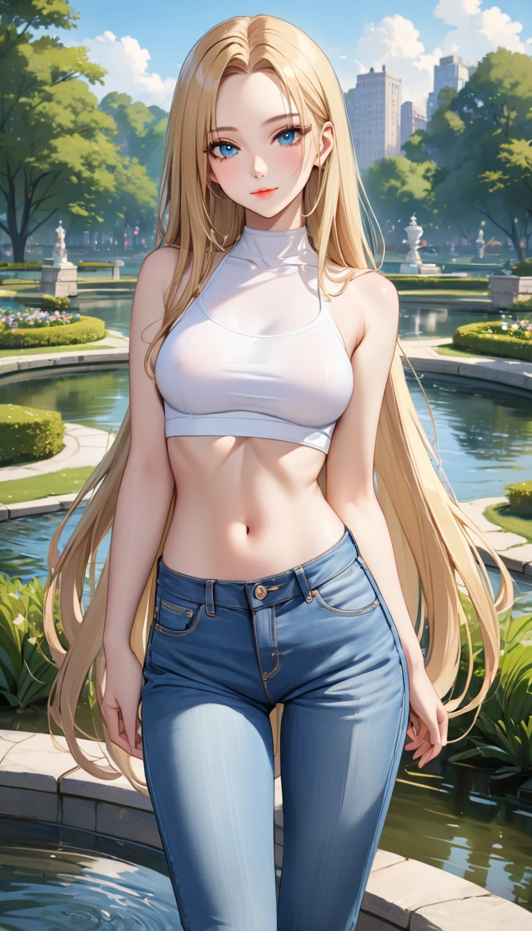 ((best quality, masterpiece:1.3, 8K)), (detailed), highly detailed face and skin texture, detailed eyes, (seductive pose:1.1), park, pond, full body, (slender body:1.1), 1girl, 25 years old, white skin, blue eyes, bright lips, seductive smile, blonde hair, straight hair, very long hair, (forehead:1.0), bright colored clothes, white croptop, medium breast, hard nipples, navel, jeans pants, (flares jeans:1.1), light blue jeans, black heels,