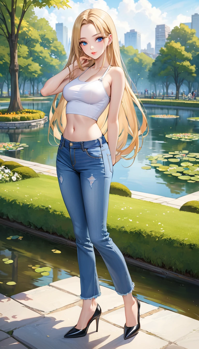 ((best quality, masterpiece:1.3, 8K)), (detailed), highly detailed face and skin texture, detailed eyes, (seductive pose:1.1), park, pond, full body, (slender body:1.1), 1girl, 25 years old, white skin, blue eyes, bright lips, seductive smile, blonde hair, straight hair, very long hair, (forehead:1.0), bright colored clothes, white croptop, medium breast, hard nipples, navel, jeans pants, (flares jeans:1.1), light blue jeans, black heels,