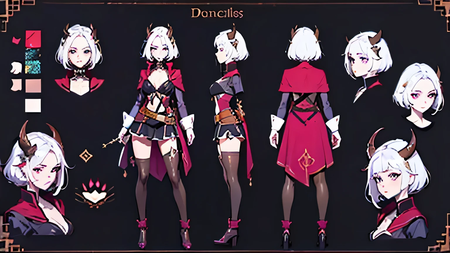 (masterpiece, Highest quality), detailed, One girl, ((Character Concept Art)), ((Character design sheet, same characters, front, ~ side, return)), Many items, (Adventurer Guild Leader Uniform, Former Dungeon Explorer, Royal cloth, Many parts), black demon horns, detailed purple eyes, detailed face, various expressions, Small B Cup , White hair and white skin, detailed hair, Formal style haircut, Packed with detailed information.