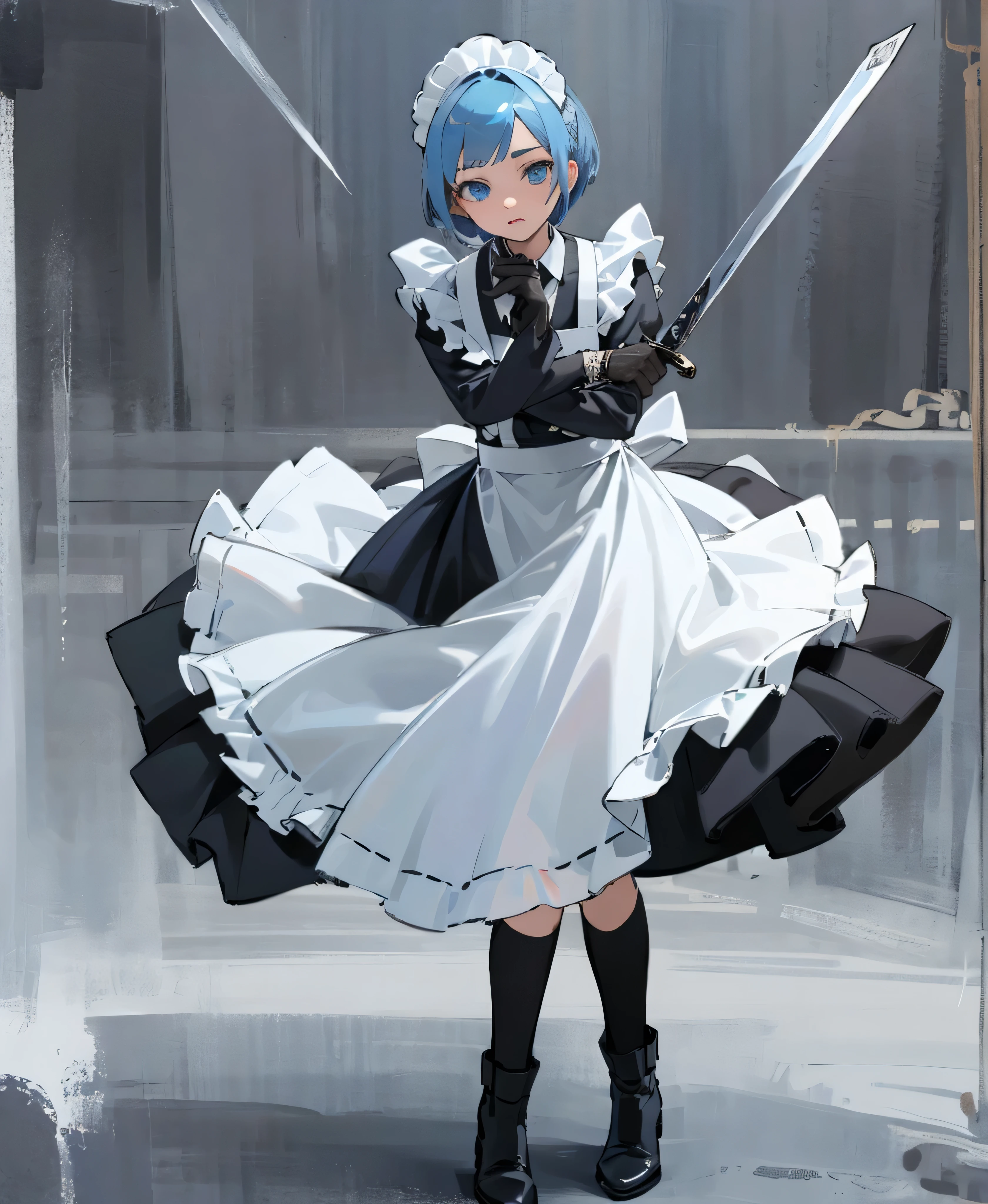 (masterpiece), ((Highest quality)), (Very detailed), (Beautiful eyes Beautiful details Eyes, Clean and delicate face), alone, Severe, Sword Drawing Technique, Blue Bob Hair, (blue eyes, Maid Fashion, White collar, mini skirt), thigh, Black gloves, Black Army Boots