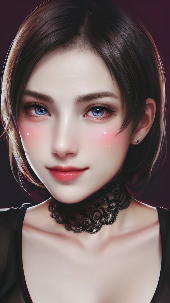 Realistic Ada Wong, Short messy black hair, Medium shot, Delicate skin, Detailed body, muscular, Solitary, Wearing a Victorian style dress, Huge breasts, Thick thighs, Wide hips, blue eyes, Natural skin texture, Skin details, Glowing skin, shiny Glowing skin, Glowing skin, Oily skin, In the Mediterranean, High contrast, Realistic skin, Skin pores, Intricate details, black background, High contrast, Realistic skin, Skin pores, Intricate details, RAW photos, Mature woman, Glossy lips, Sweet lips, Beautiful nose, Realistic rendering, Immersive atmosphere, Chiaroscuro, Mood lighting, Perfect female body, Realistic skin, Skin pores、Smile