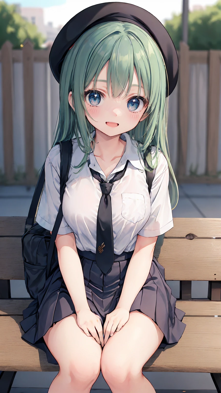 (masterpiece, highest quality), High resolution, Detailed_face:1.2, (anime_style:1.2), Sharpness, 4K, BREAK 1girl, A woman taking a photo, happy smile, Panic face, upset, Open your mouth, Long Hair, Green Hair, Straight hair, Fine skin, Beautiful Hands, Beautiful fingers, Wearing a beret, tie, Short sleeve blouse, Pleated skirt, school bag, Thighs, Absolute area, Knee socks, hand between legs, Hot summer day, School, Schoolyard, Sitting on a bench, drink Canned juice, Natural light, Sharp focus, Hasselblad Photography, Cinema Lighting, whole body, 