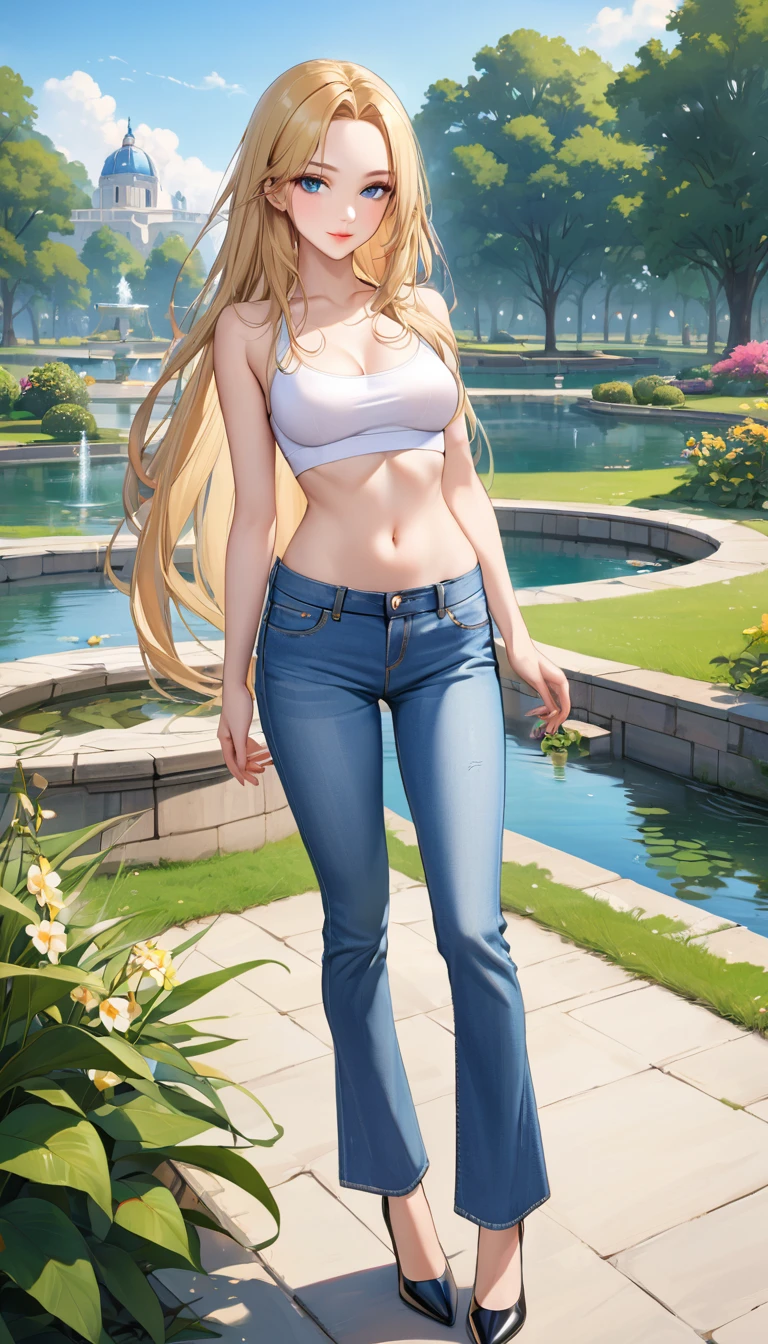 ((best quality, masterpiece:1.3, 8K)), (detailed), highly detailed face and skin texture, detailed eyes, (seductive pose:1.1), park, pond, full body, (slender body:1.1), 1girl, 25 years old, white skin, blue eyes, bright lips, seductive smile, blonde hair, straight hair, very long hair, (forehead:1.0), bright colored clothes, white croptop, medium breast, hard nipples, navel, long pants, jeans pants, (flares jeans:1.1), light blue jeans, black heels,