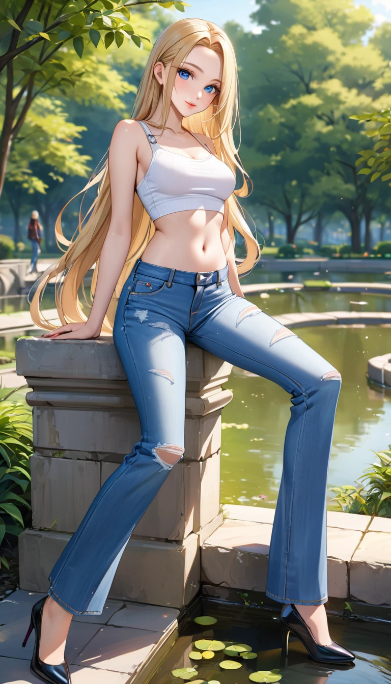 ((best quality, masterpiece:1.3, 8K)), (detailed), highly detailed face and skin texture, detailed eyes, (seductive pose:1.1), park, pond, full body, (slender body:1.1), 1girl, 25 years old, white skin, blue eyes, bright lips, seductive smile, blonde hair, straight hair, very long hair, (forehead:1.0), bright colored clothes, white croptop, medium breast, hard nipples, navel, long pants, jeans pants, (flares jeans:1.1), light blue jeans, black heels,