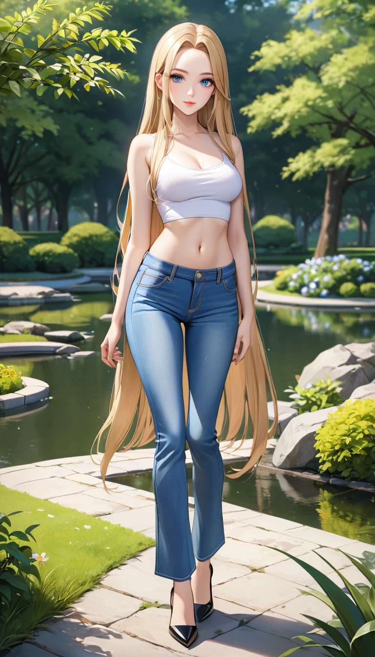 ((best quality, masterpiece:1.3, 8K)), (detailed), highly detailed face and skin texture, detailed eyes, (seductive pose:1.1), park, pond, full body, (slender body:1.1), 1girl, 25 years old, white skin, blue eyes, bright lips, seductive smile, blonde hair, straight hair, very long hair, (forehead:1.0), bright colored clothes, white croptop, medium breast, hard nipples, navel, long pants, jeans pants, (flares jeans:1.1), light blue jeans, black heels,