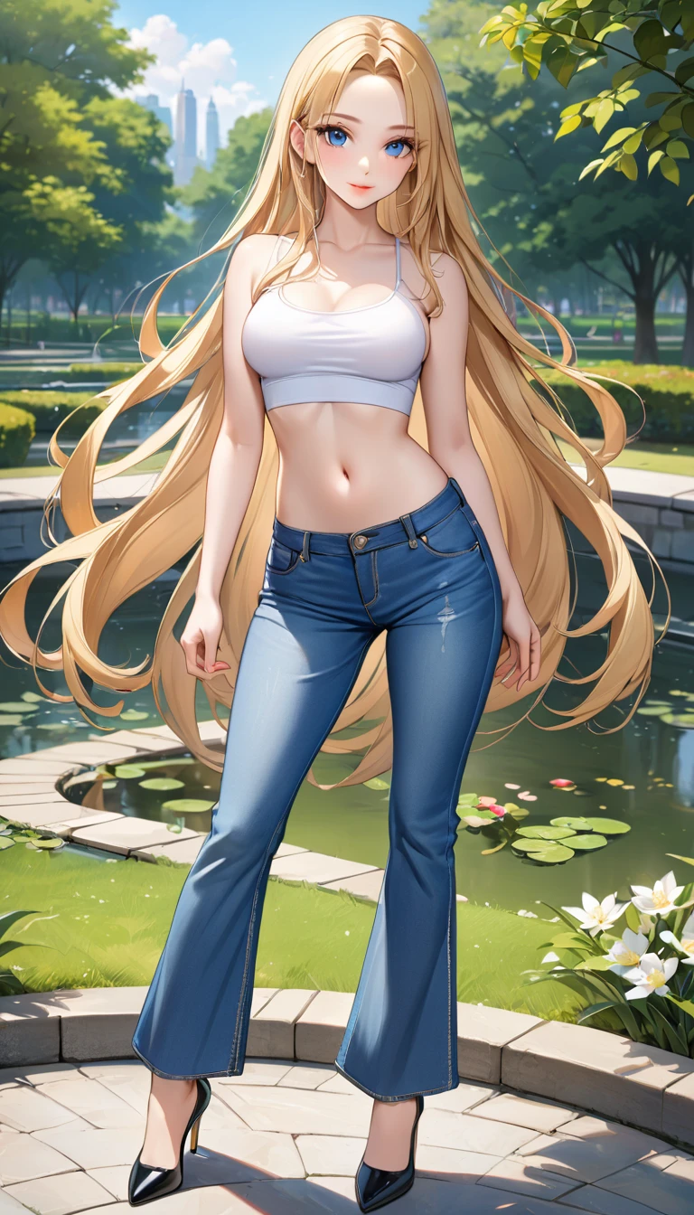 ((best quality, masterpiece:1.3, 8K)), (detailed), highly detailed face and skin texture, detailed eyes, (seductive pose:1.1), park, pond, full body, (slender body:1.1), 1girl, 25 years old, white skin, blue eyes, bright lips, seductive smile, blonde hair, straight hair, very long hair, (forehead:1.0), bright colored clothes, white croptop, medium breast, hard nipples, navel, long pants, jeans pants, (flares jeans:1.1), light blue jeans, black heels,