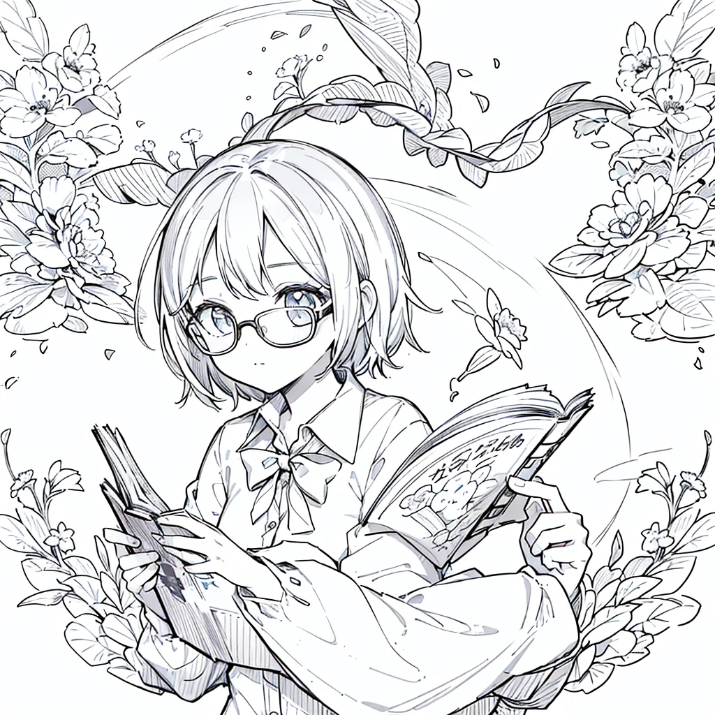 A girl,close up, wearing white shirt, reading a book, (best quality:1.3), (highres:1), (detailed:1.3), (incredible:1.3), (perfect:1.3), (perfection:1.3), (illustration:1.3), she's getting fun while reading it, dynamic on scene,Wear glasses