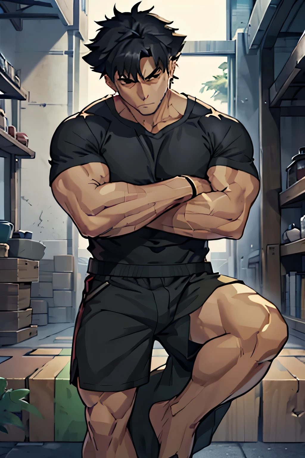 Kiritsugu is sitting and flexing his thighs. He wears black short boxershorts. You can see his thighs completely. He is wearing a black tshirt with short sleeves. His sleeve is rolled up completely, so you can see his entire arm and shoulder. He is admiring his arms. He has a huge bulge. You can see his abs too. His boxershorts are rolled up completely so you can see his entire leg. he has many bulging veins on his arms.