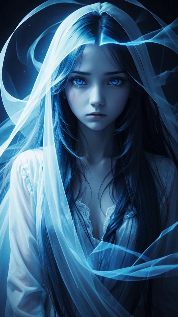 a ghostly entity, translucent, blue and white, spirit of fear, long hair, empty eyes, gothic background.