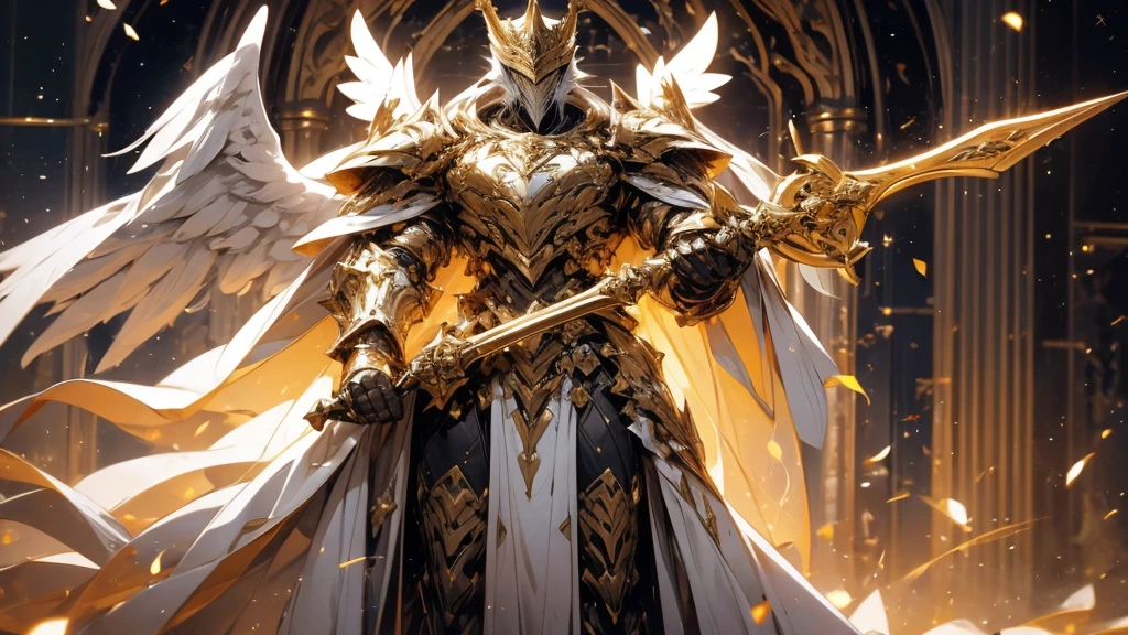 man with a beard, shining intellect, crown among creatures, cane of raised ability, glow of unity, robes of glory, mech, robot, armor, whitr armor, angel, warior, knight, big sholder armor